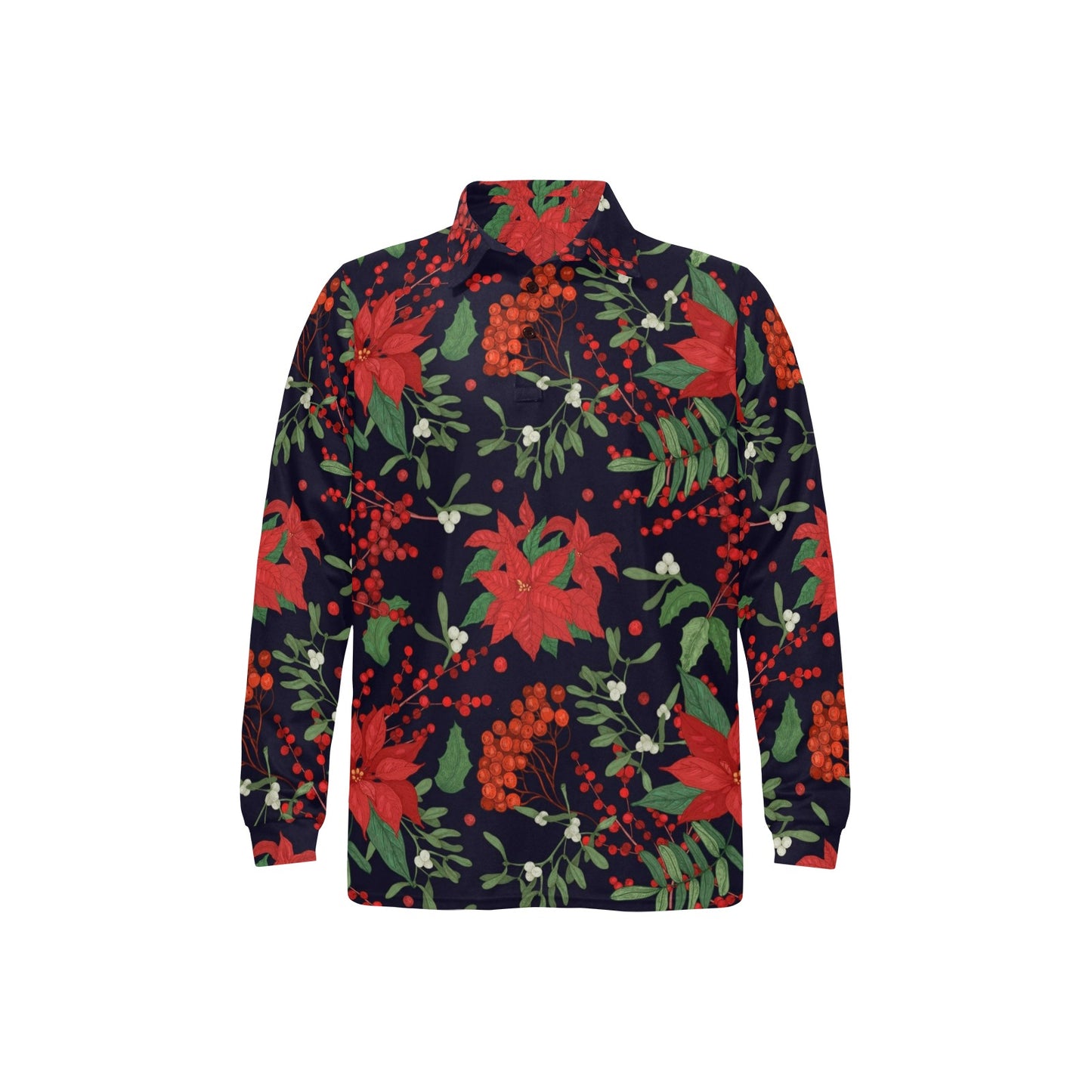 Poinsettia Pattern Print Design POT02 Long Sleeve Polo Shirt For Men's