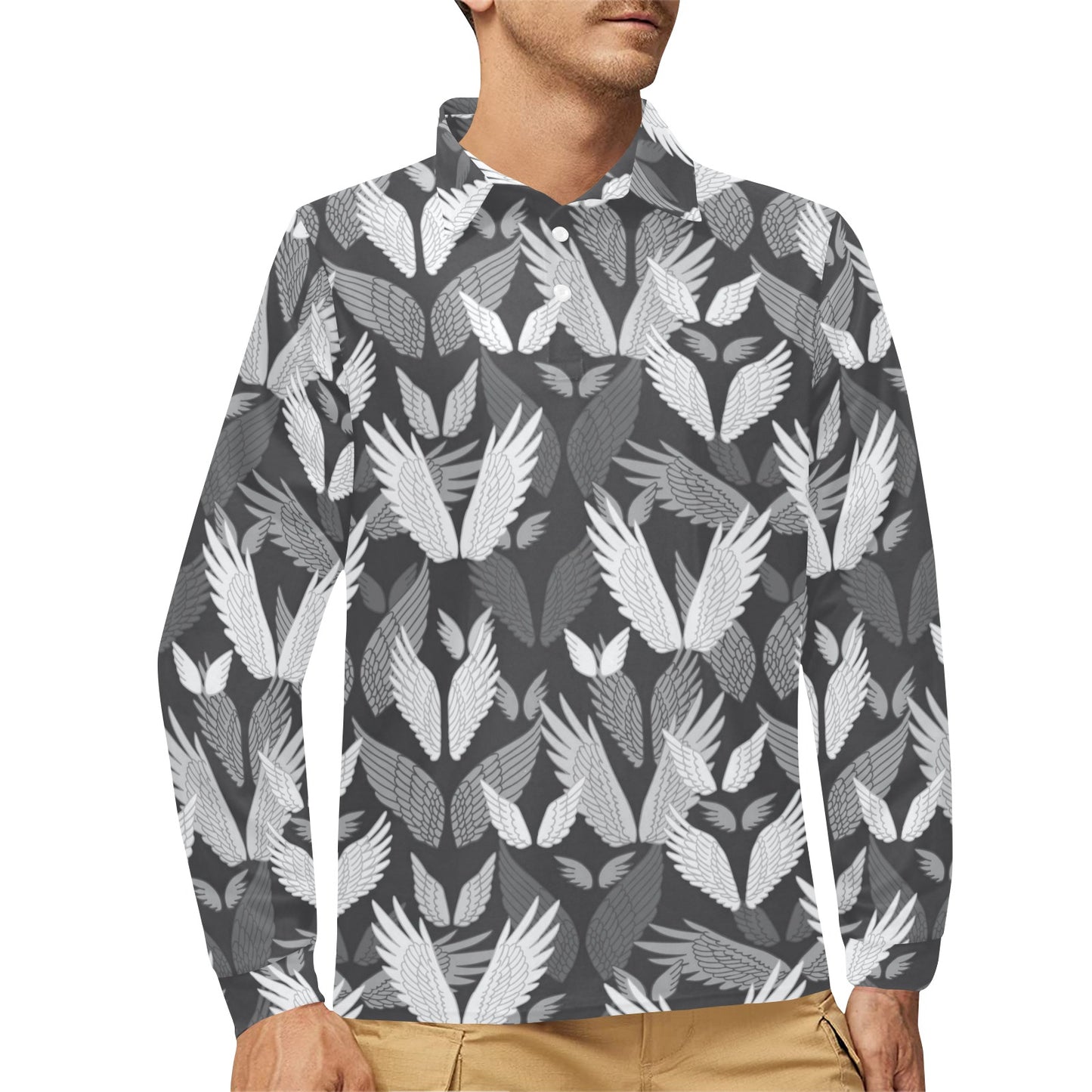 Angel Wings Pattern Design Themed Print Long Sleeve Polo Shirt For Men's