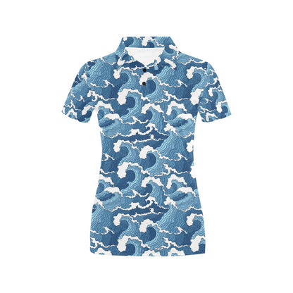 Wave Themed Pattern Print Women's Polo Shirt