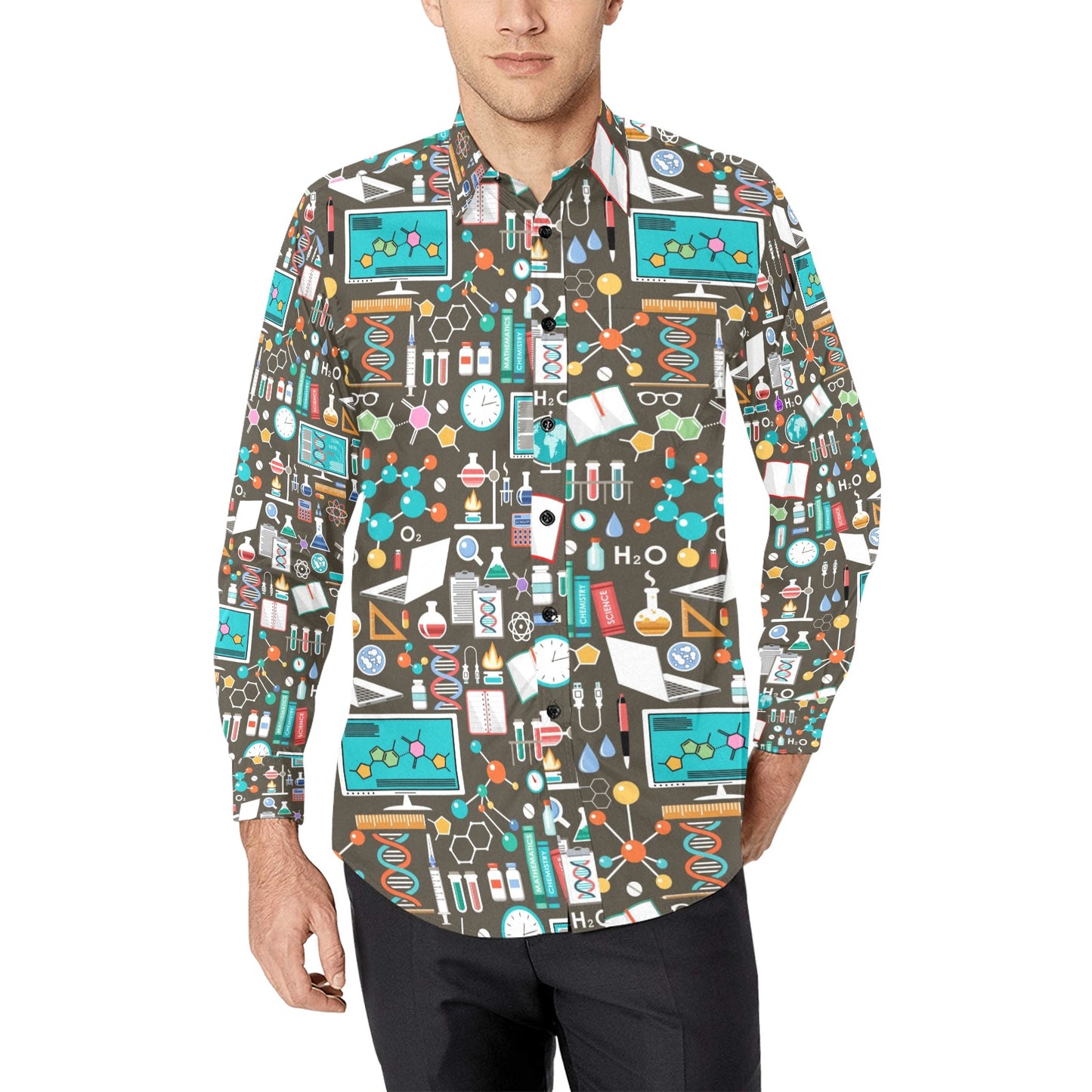 Science Print Design LKS303 Men's Long Sleeve Dress Shirt
