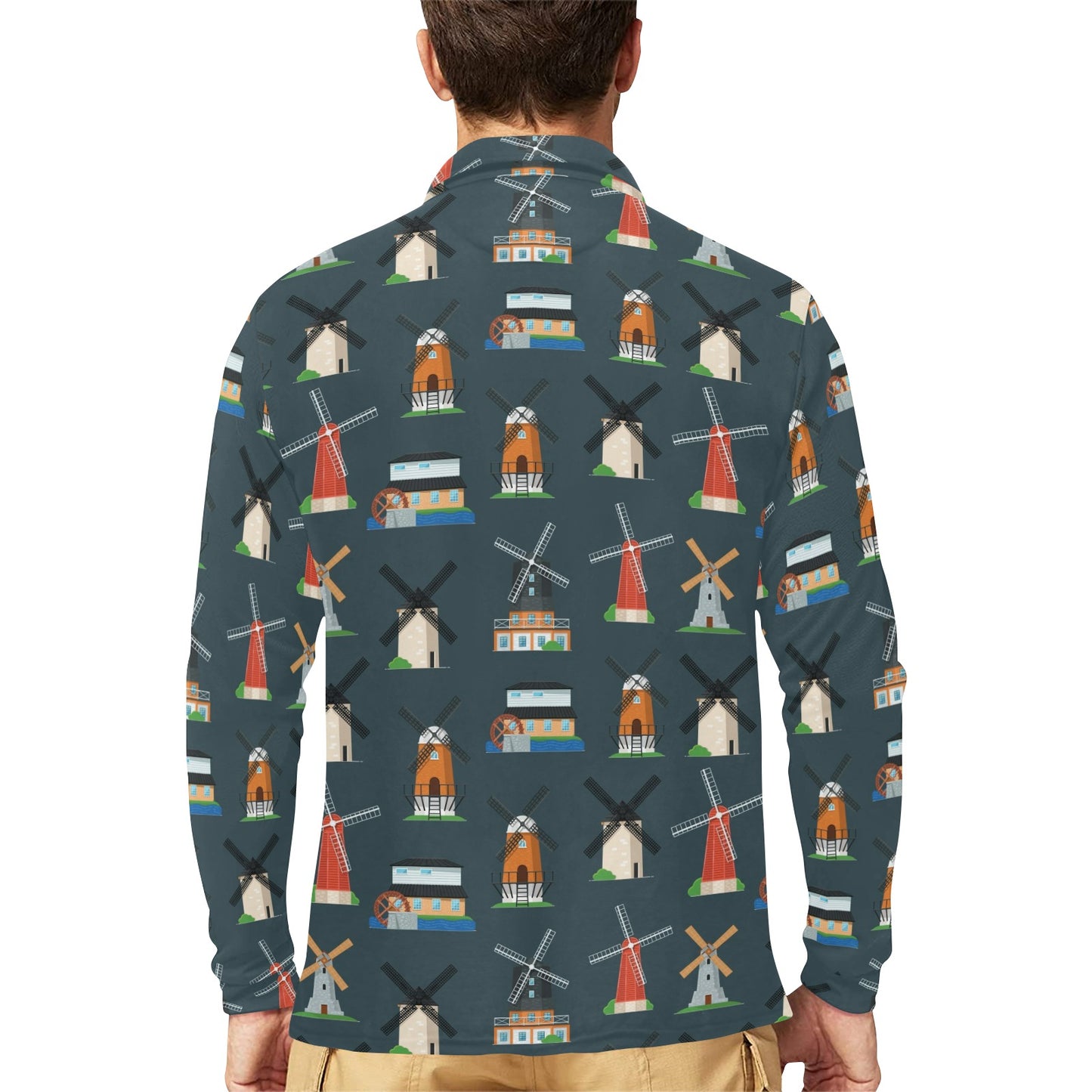 Windmill Pattern Print Design 04 Long Sleeve Polo Shirt For Men's