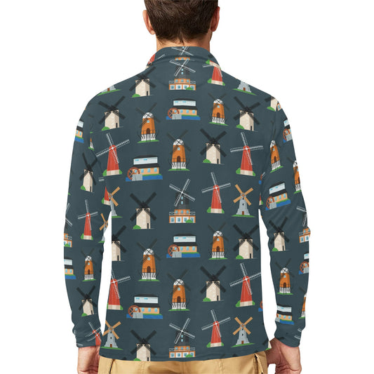 Windmill Pattern Print Design 04 Long Sleeve Polo Shirt For Men's