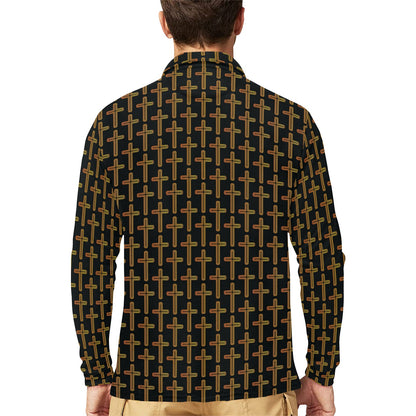 Cross Pattern Print Design 02 Long Sleeve Polo Shirt For Men's
