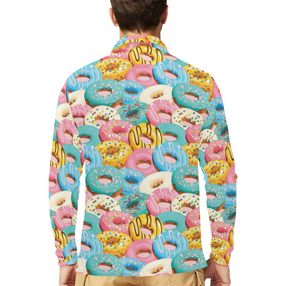 Donut Pattern Print Design DN01 Long Sleeve Polo Shirt For Men's