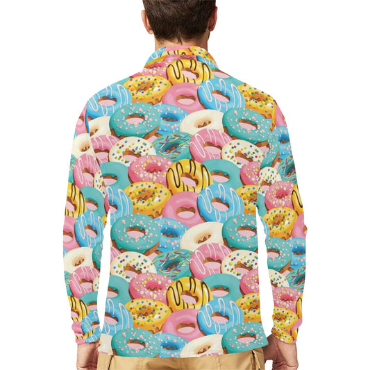 Donut Pattern Print Design DN01 Long Sleeve Polo Shirt For Men's