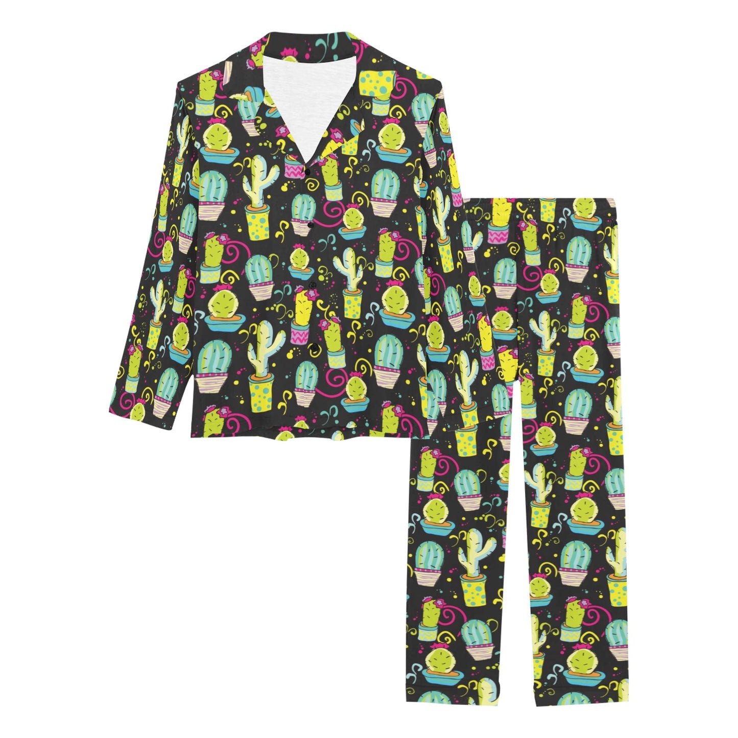Cactus Neon Style Print Pattern Women's Long Pajama Set