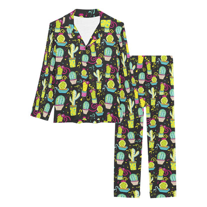 Cactus Neon Style Print Pattern Women's Long Pajama Set