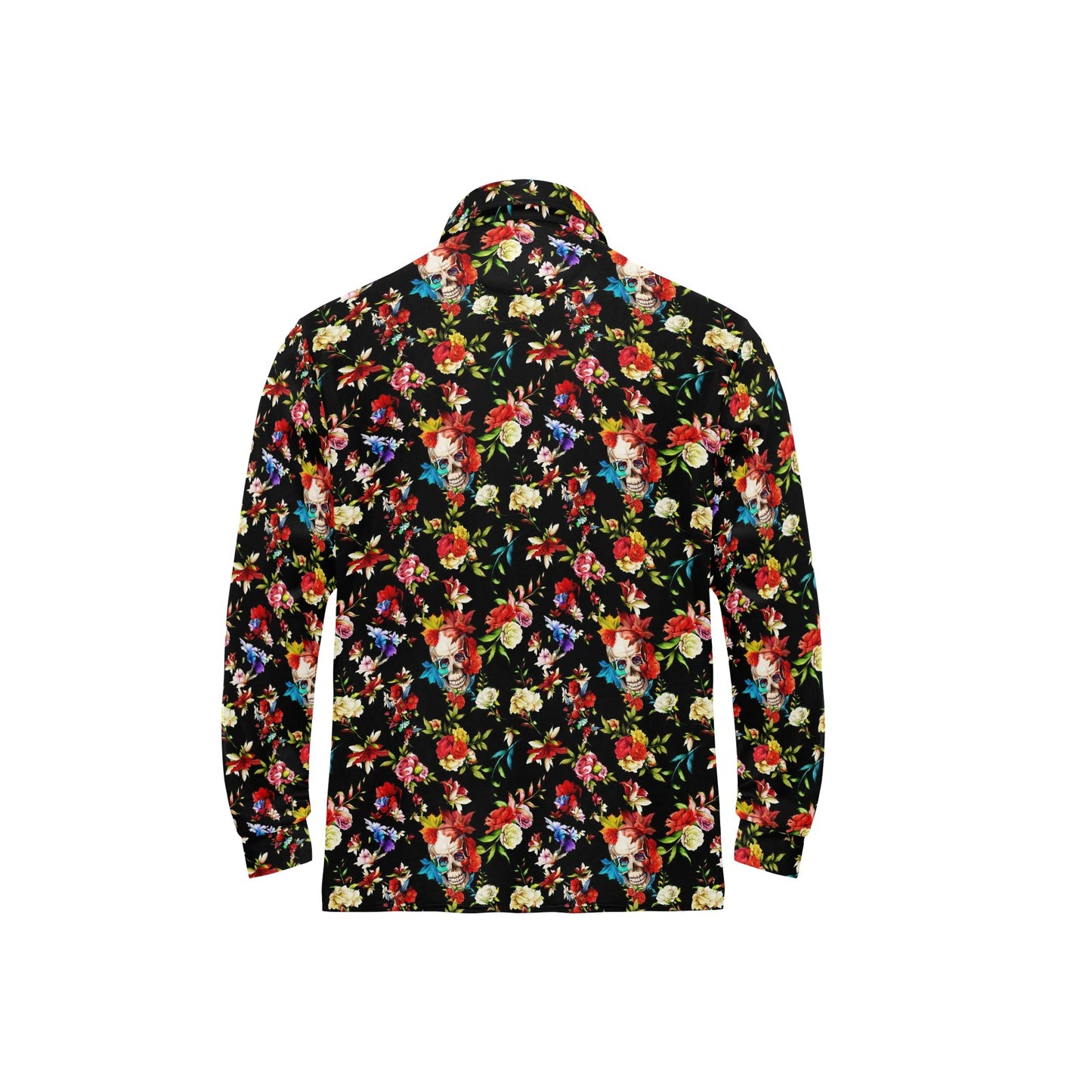 Skull Roses Flower Design Themed Print Long Sleeve Polo Shirt For Men's