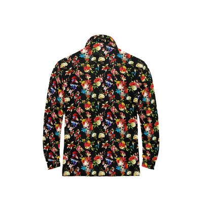 Skull Roses Flower Design Themed Print Long Sleeve Polo Shirt For Men's