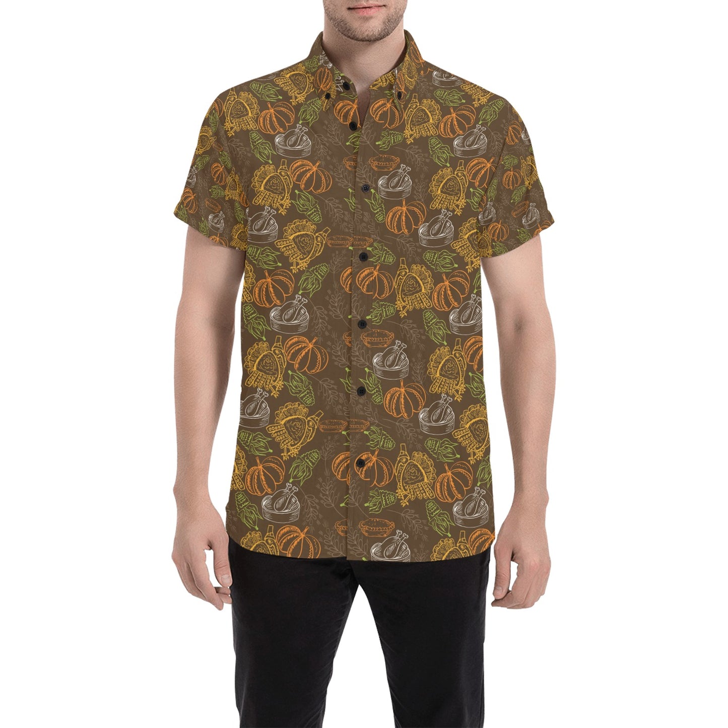 Thanksgiving Print Design LKS301 Men Short Sleeve Button Up Shirt