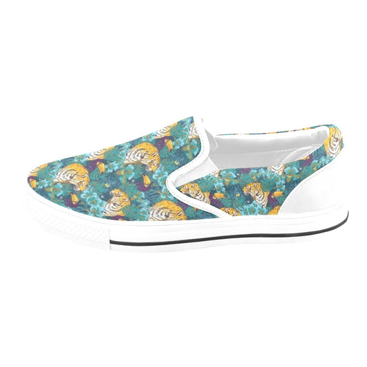 Tiger Tropical Print Design LKS301 White Slip Ons Canvas Women's Shoes