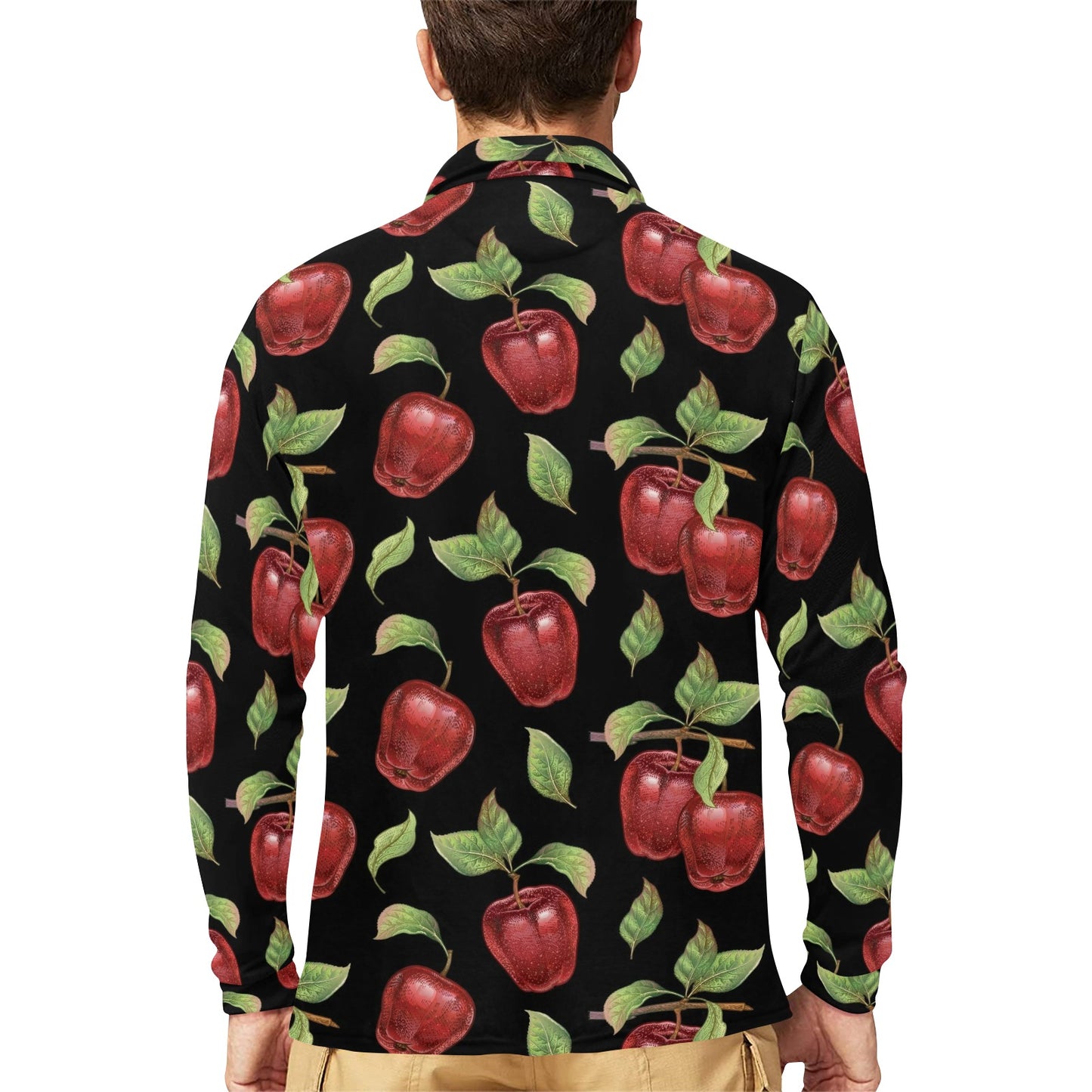 Apple Pattern Print Design AP011 Long Sleeve Polo Shirt For Men's