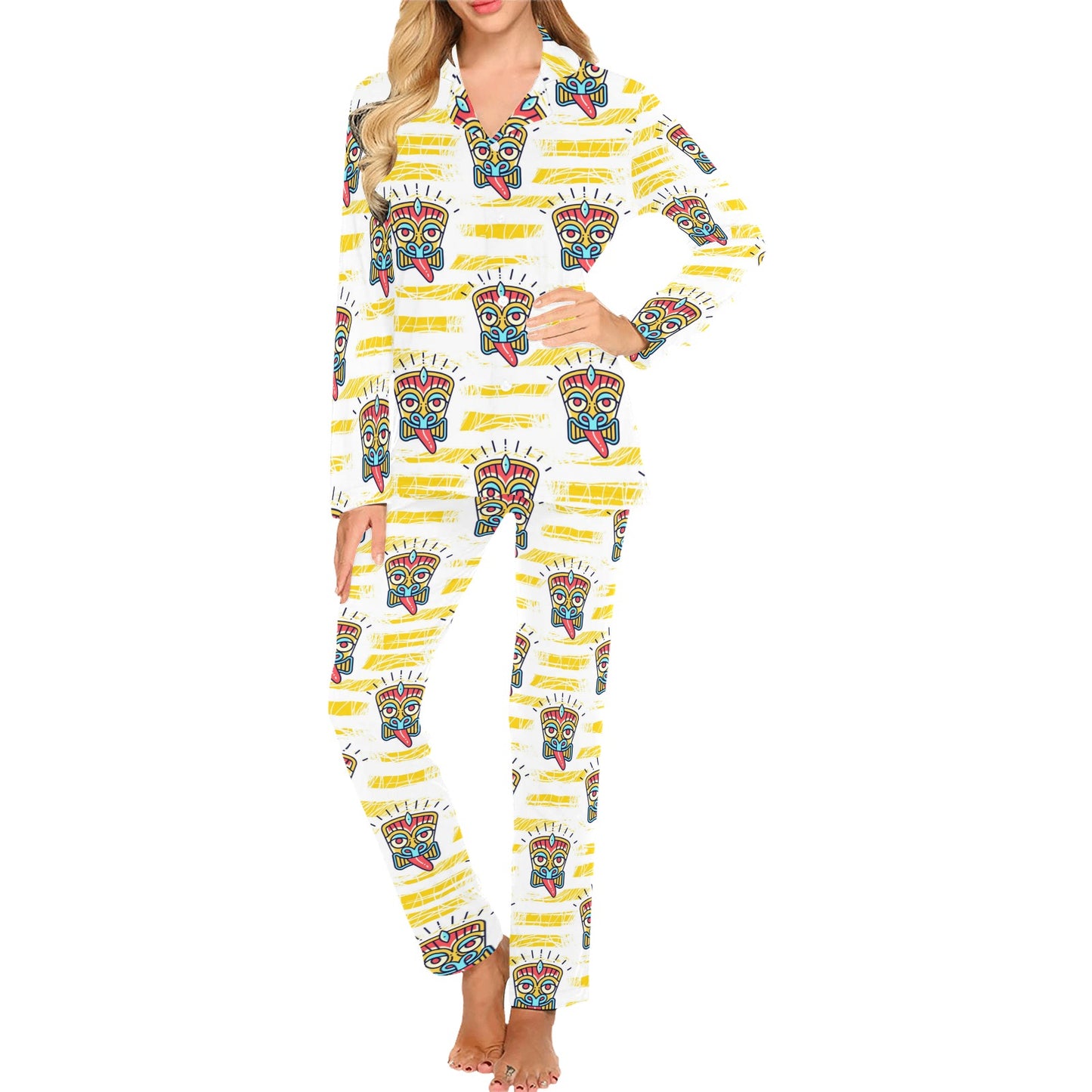 Tiki Smile Mask Print Pattern Women's Long Pajama Set