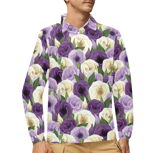 Lisianthus Pattern Print Design LT01 Long Sleeve Polo Shirt For Men's