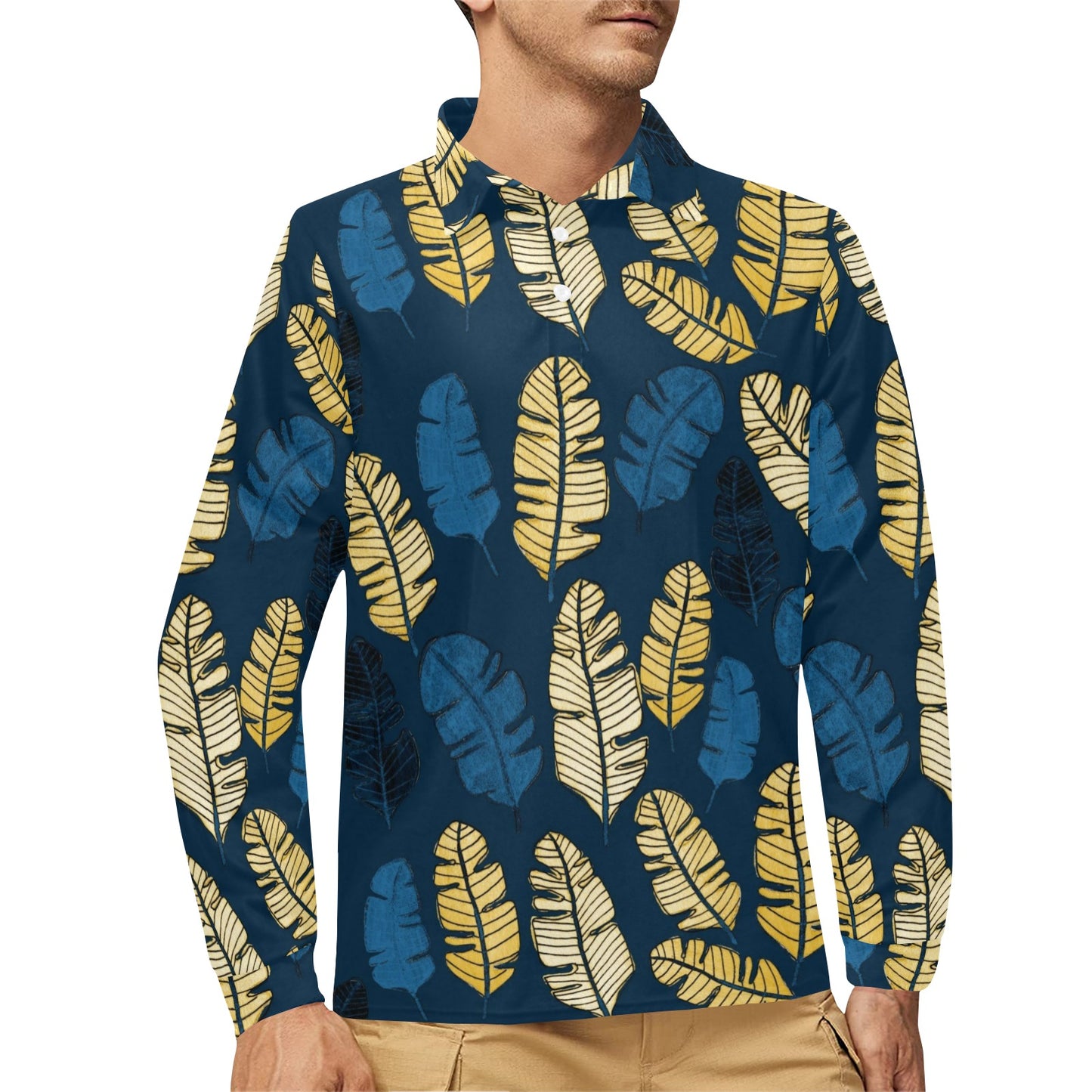 Banana Leaf Pattern Print Design BL09 Long Sleeve Polo Shirt For Men's