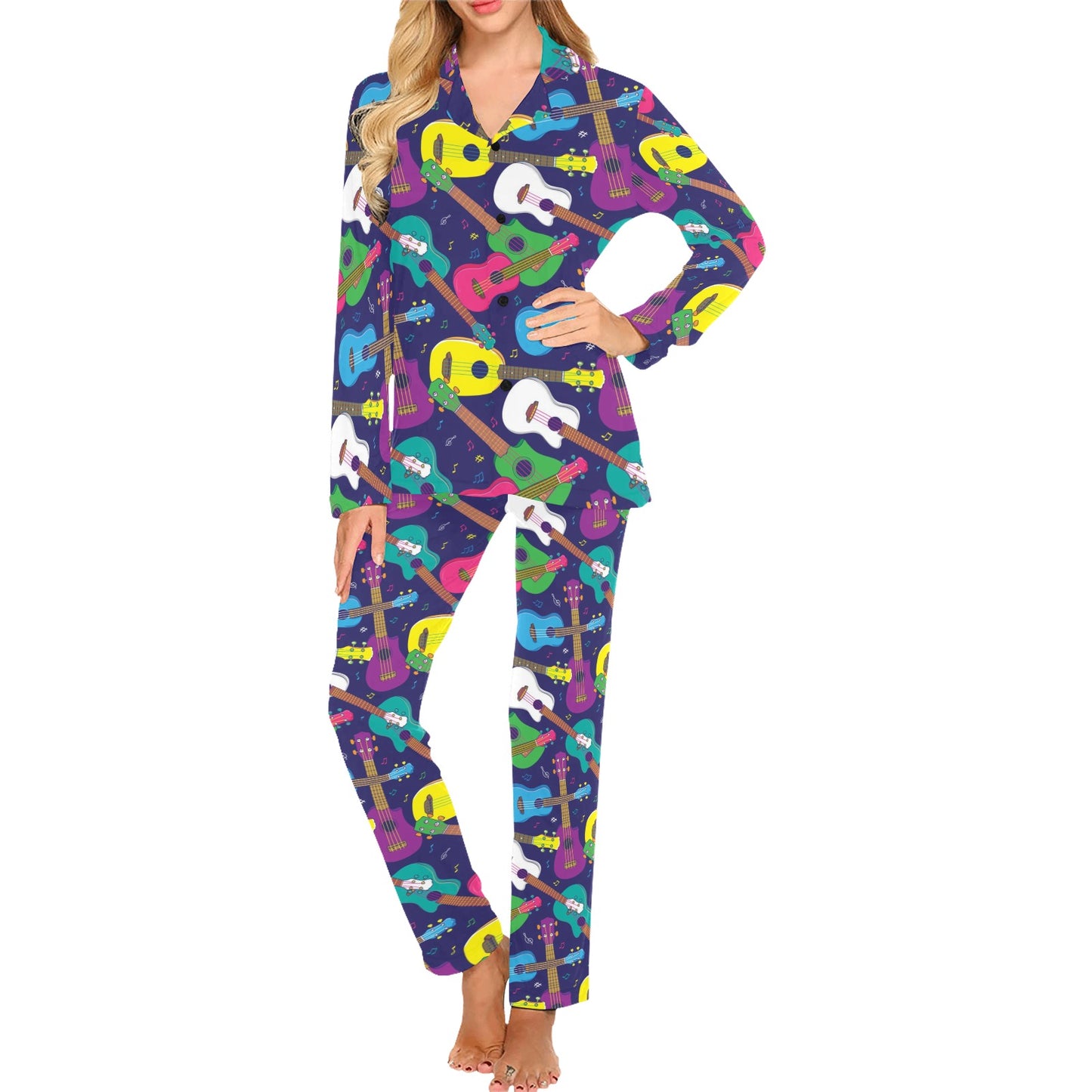 Ukulele Pattern Print Design 02 Women's Long Pajama Set