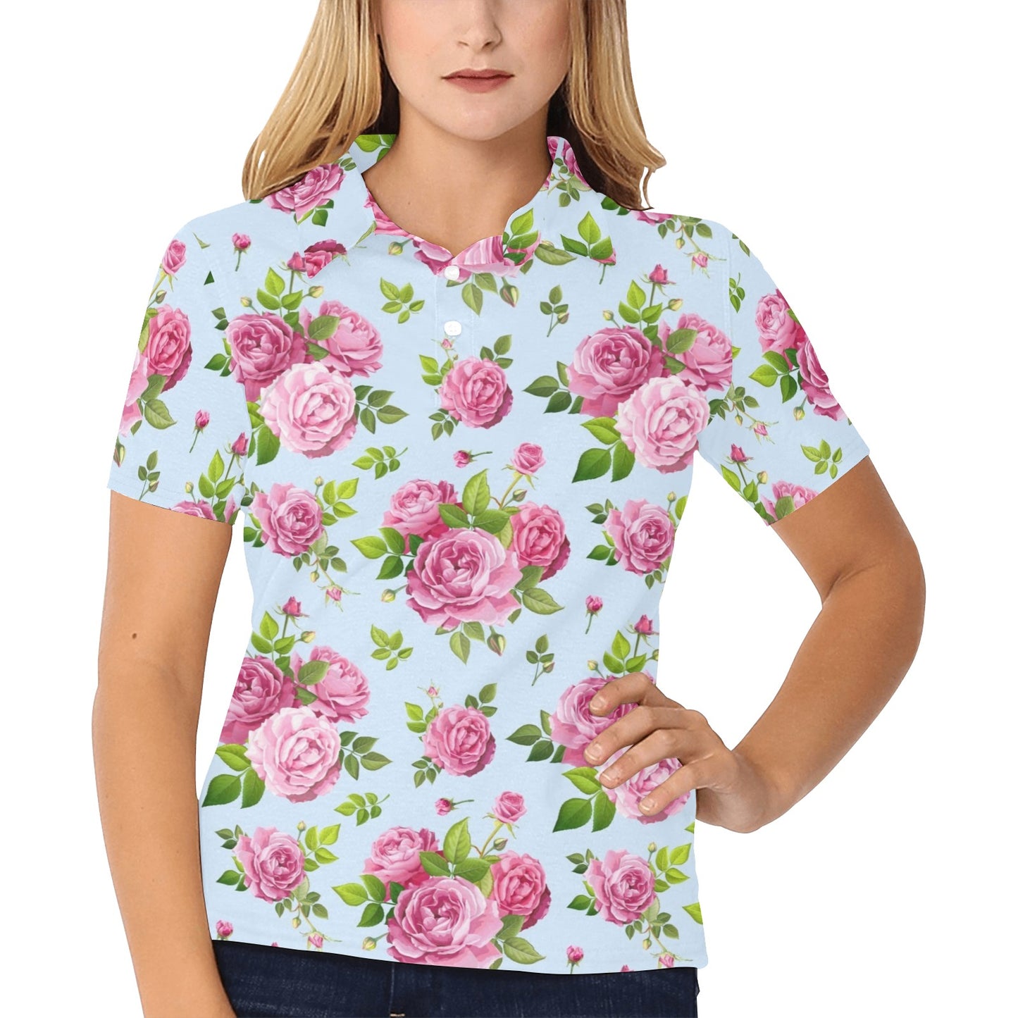 Rose Pink Pattern Print Design RO08 Women's Polo Shirt