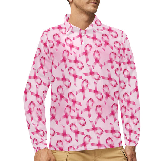 Breast cancer Pattern Print Design 04 Long Sleeve Polo Shirt For Men's