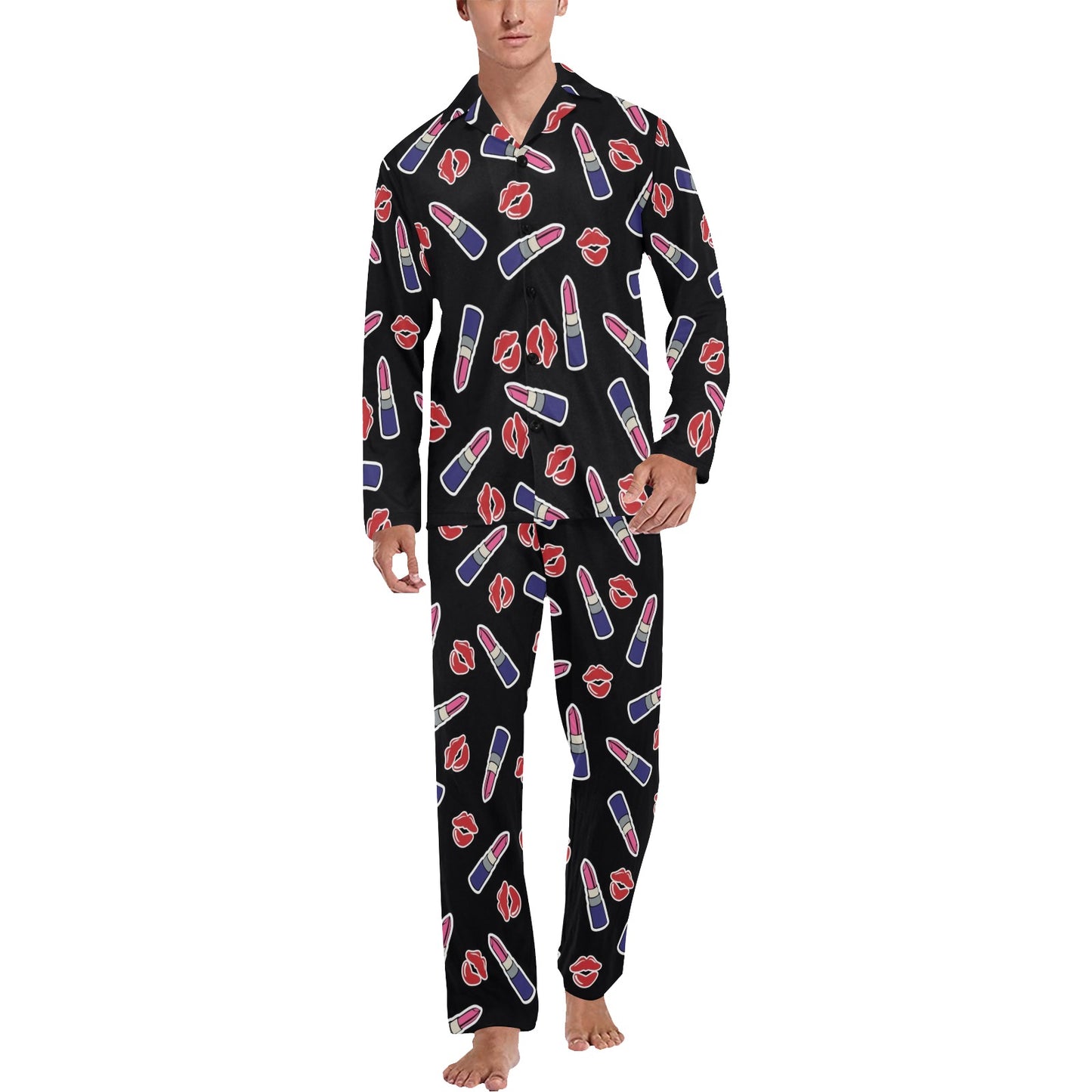 Lipstick Pattern Print Design LT01 Men's Long Pajama Set