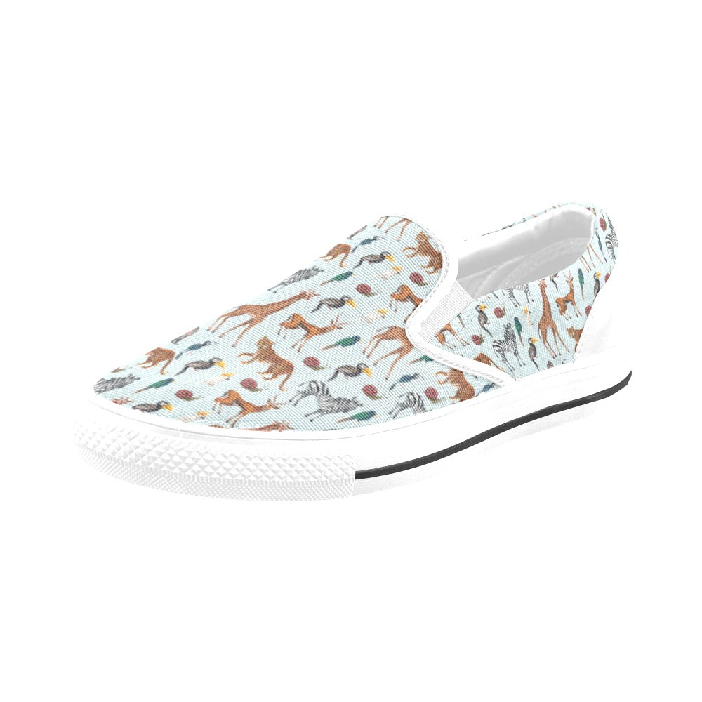 Safari Animal Print Design LKS306 White Slip Ons Canvas Women's Shoes