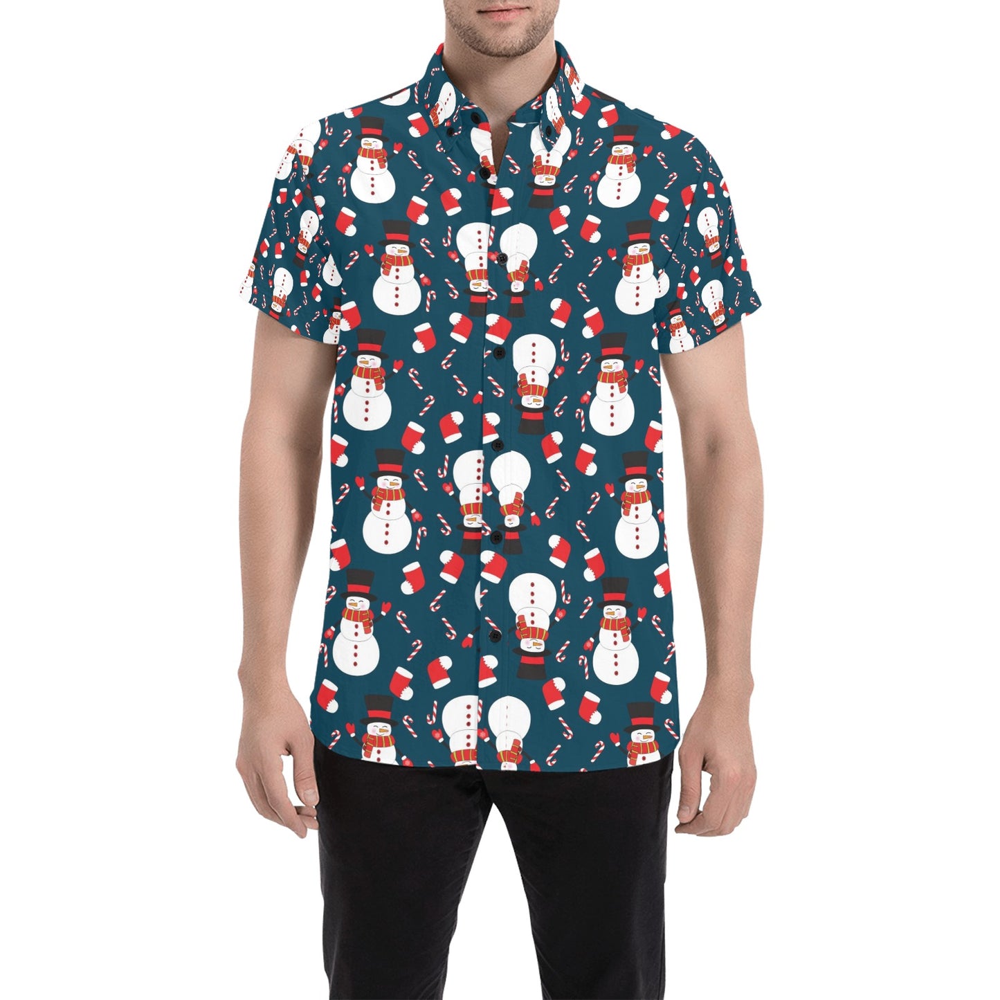 Snowman Print Design LKS301 Men Short Sleeve Button Up Shirt