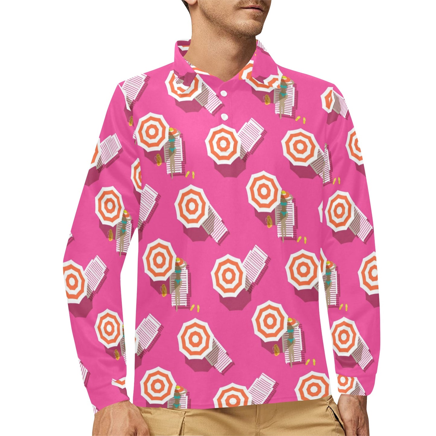 Beach Top View Umbrella Theme Long Sleeve Polo Shirt For Men's