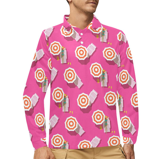 Beach Top View Umbrella Theme Long Sleeve Polo Shirt For Men's