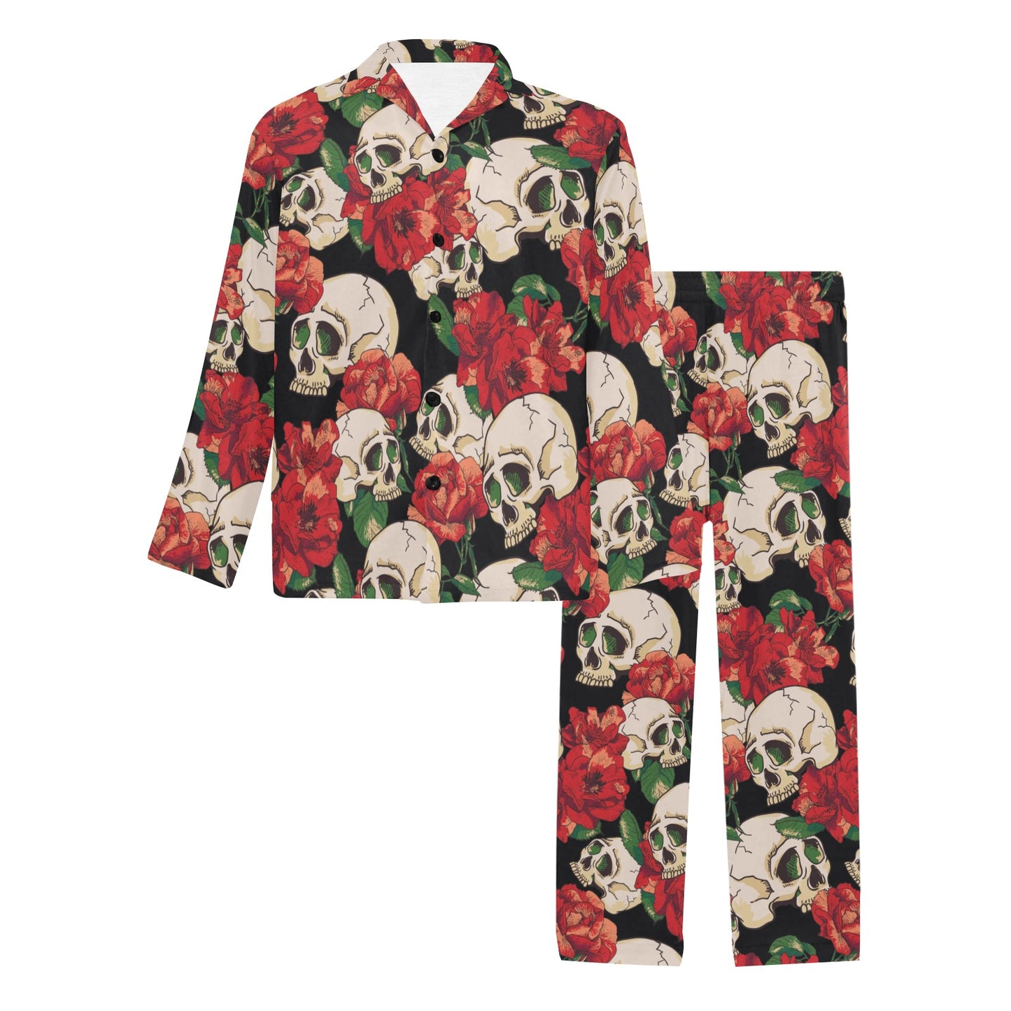 Skull Red Rose Men's Long Pajama Set