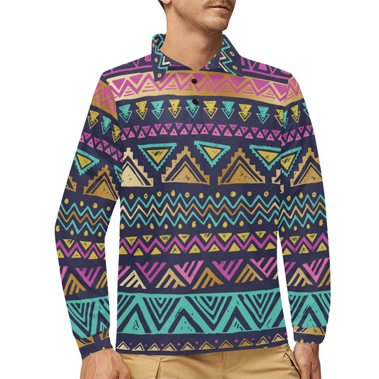 Multicolor Tribal aztec Long Sleeve Polo Shirt For Men's