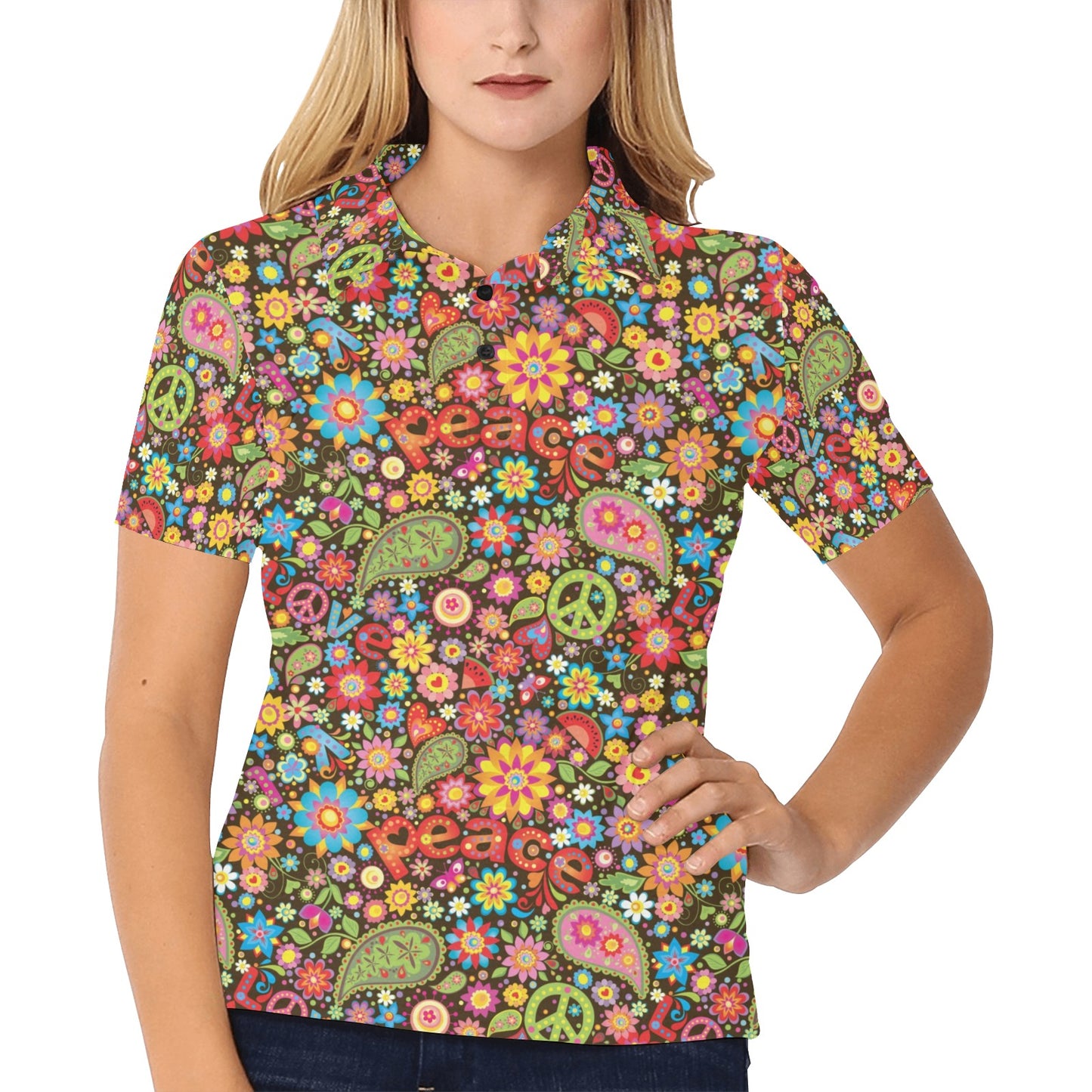 Flower Power Peace Paisley Themed Print Women's Polo Shirt