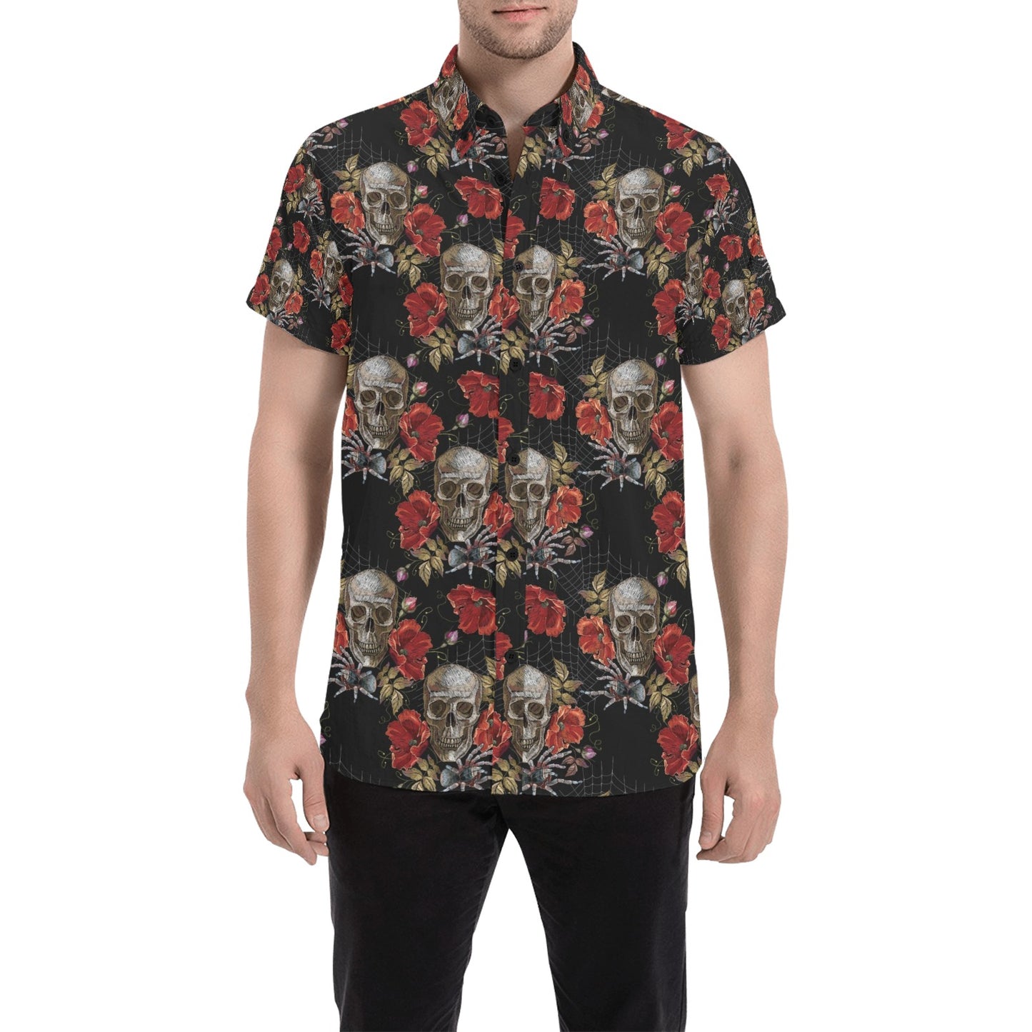 Spider Web Skull Rose Print Design LKS305 Men Short Sleeve Button Up Shirt