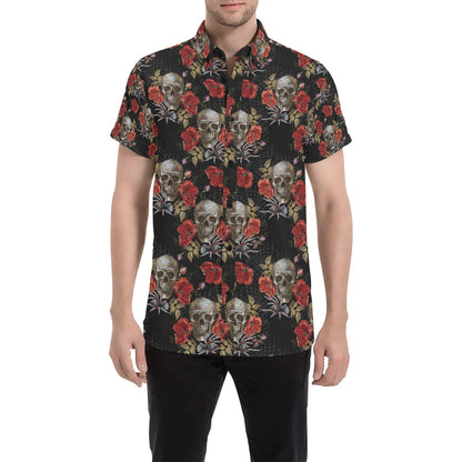 Spider Web Skull Rose Print Design LKS305 Men Short Sleeve Button Up Shirt