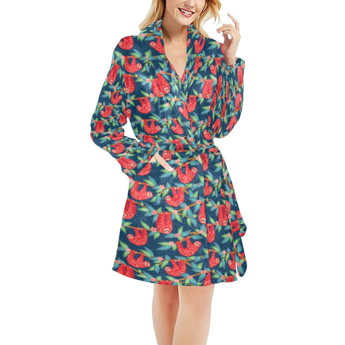 Sloth Red Design Themed Print Women's Fleece Robe