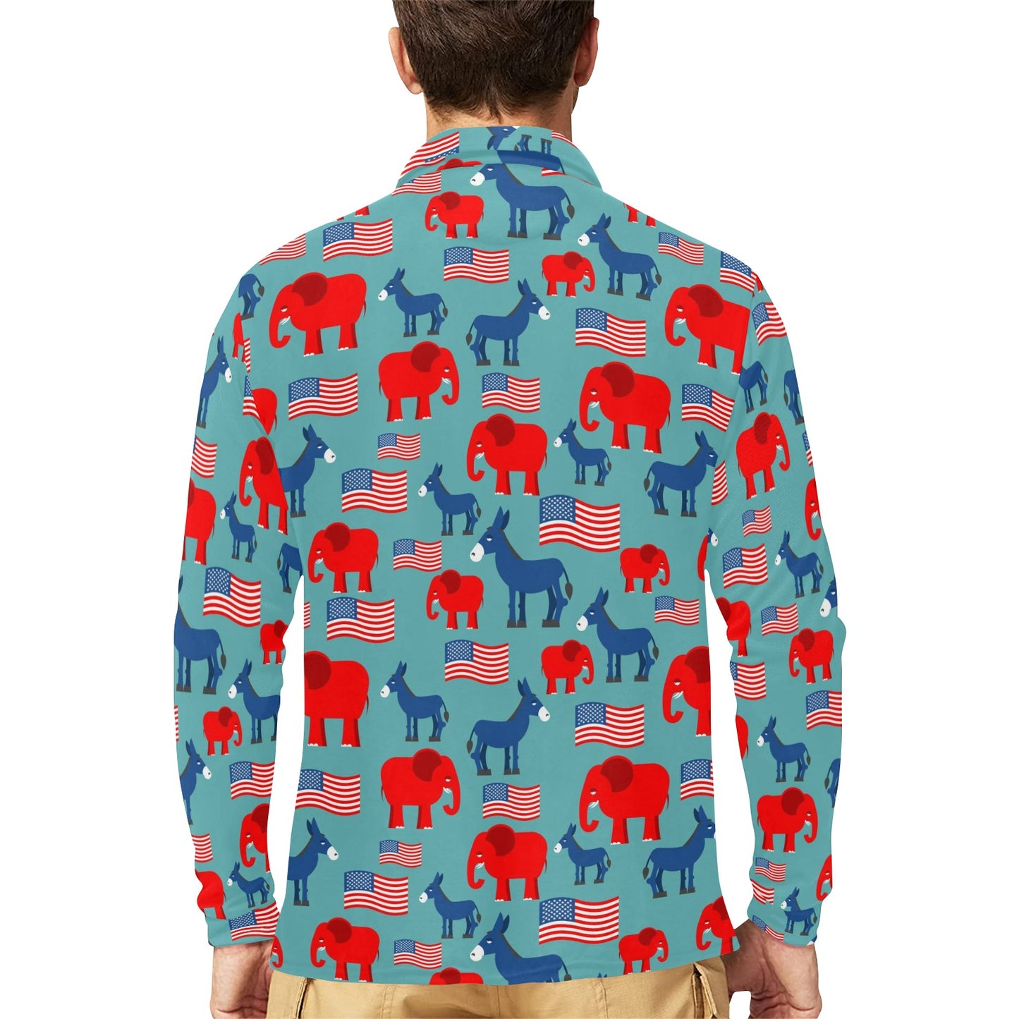 Donkey Red Elephant Pattern Print Design 03 Long Sleeve Polo Shirt For Men's