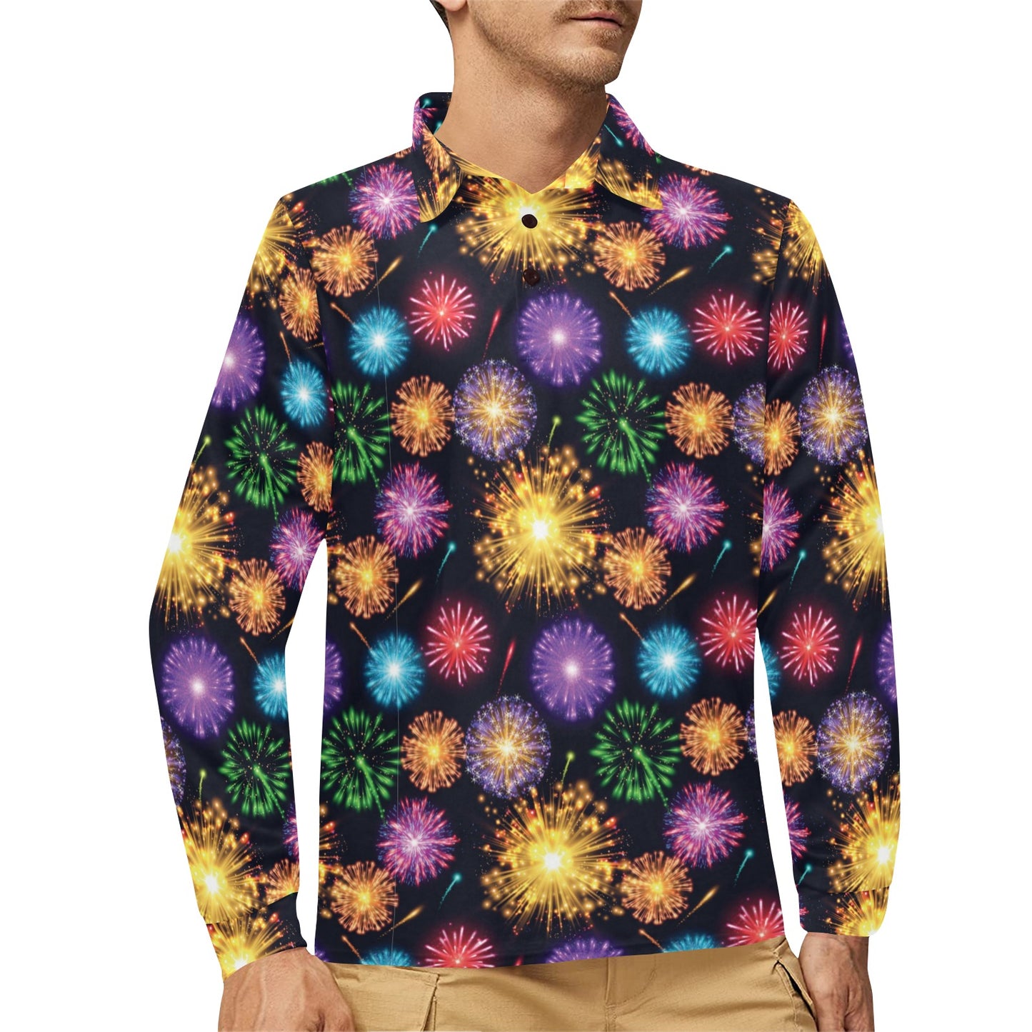 Firework Print Design LKS305 Long Sleeve Polo Shirt For Men's