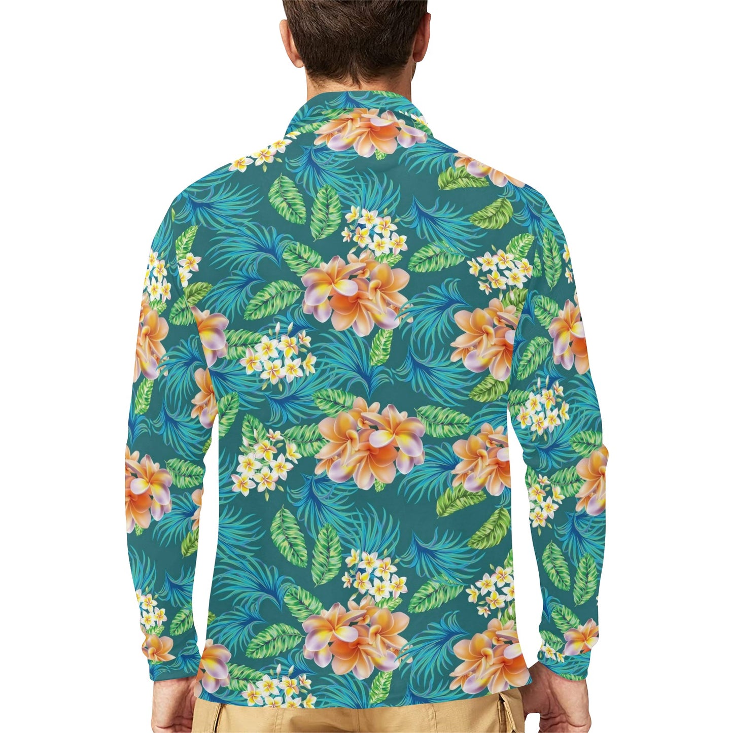 Plumeria Tropical Flower Design Print Long Sleeve Polo Shirt For Men's