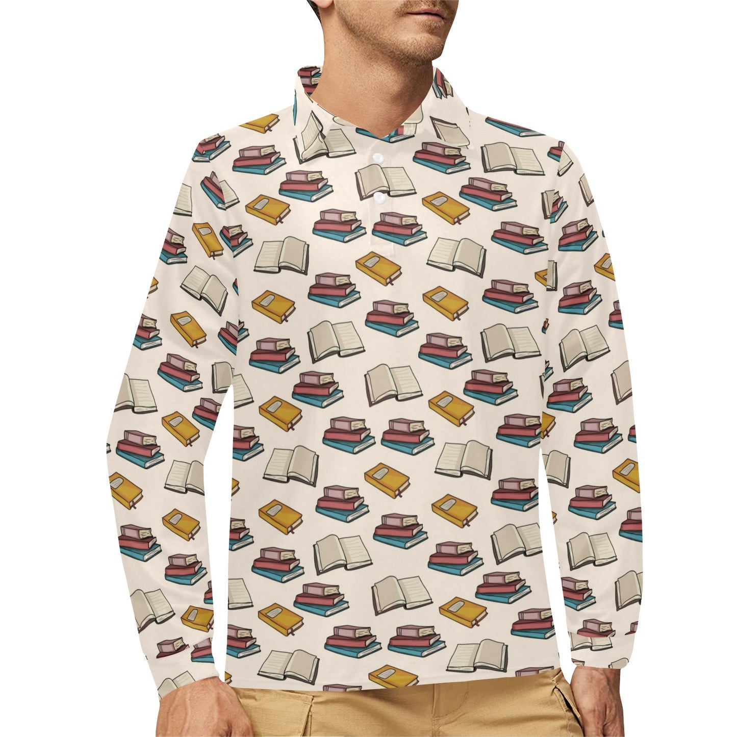 Book Pattern Print Design 04 Long Sleeve Polo Shirt For Men's