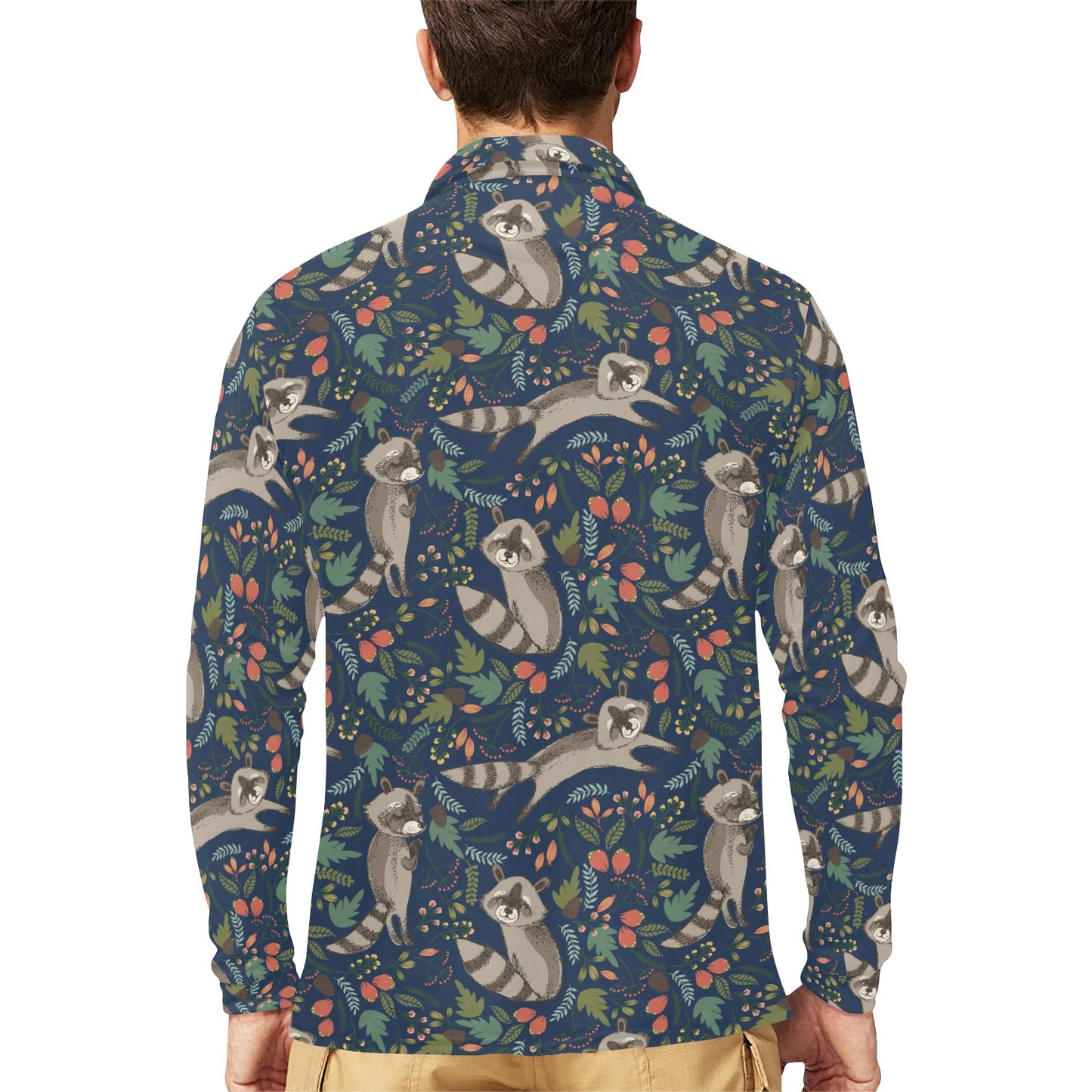 Raccoon Pattern Print Design A02 Long Sleeve Polo Shirt For Men's
