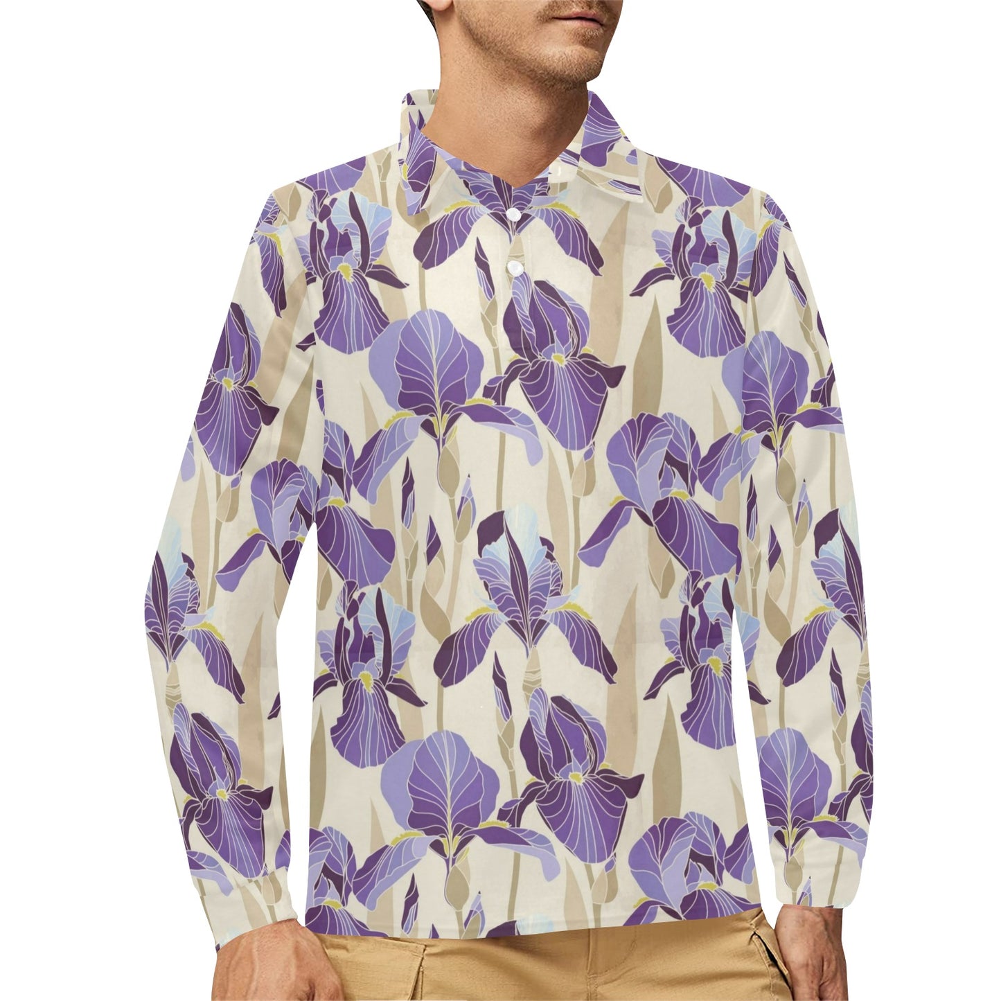 Iris Pattern Print Design IR02 Long Sleeve Polo Shirt For Men's