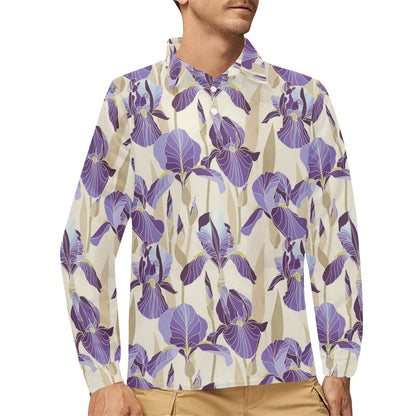 Iris Pattern Print Design IR02 Long Sleeve Polo Shirt For Men's