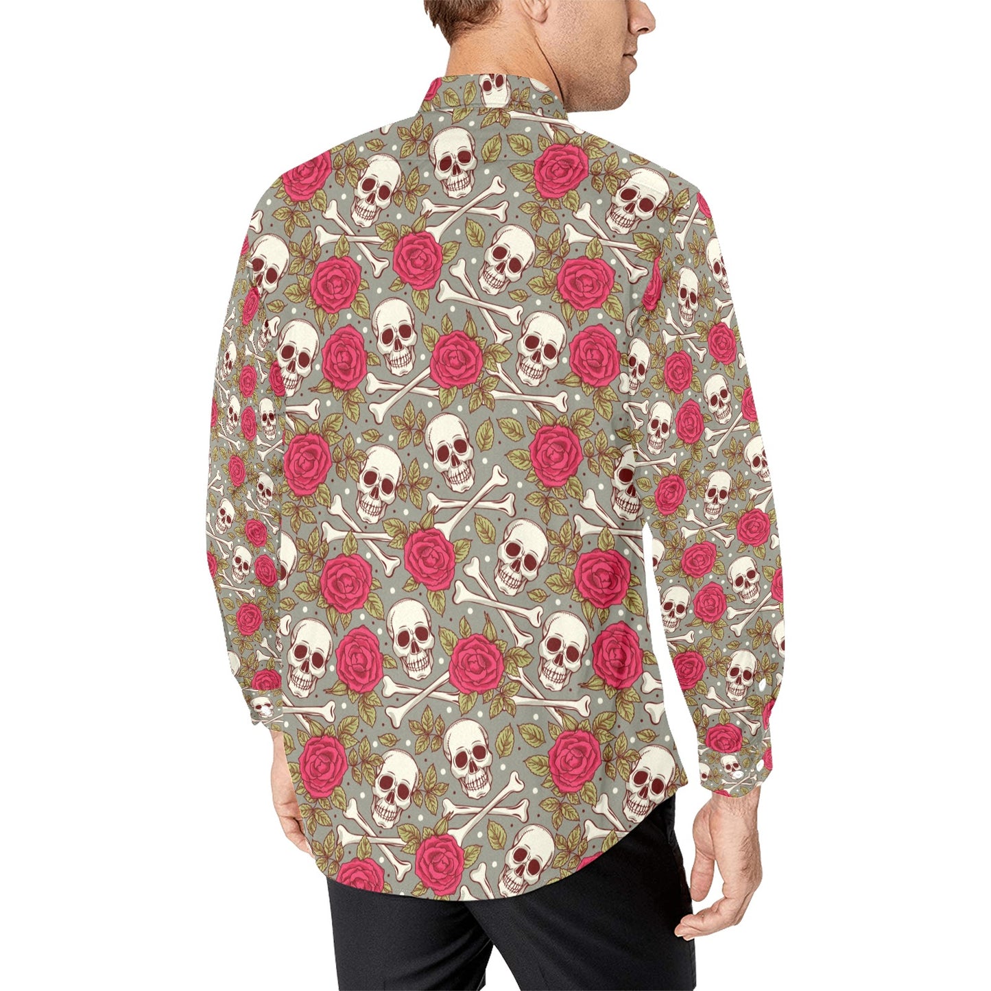 Skull Bone Rose Print Design LKS303 Men's Long Sleeve Dress Shirt