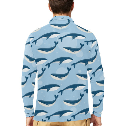 Blue Whale Pattern Print Design 02 Long Sleeve Polo Shirt For Men's
