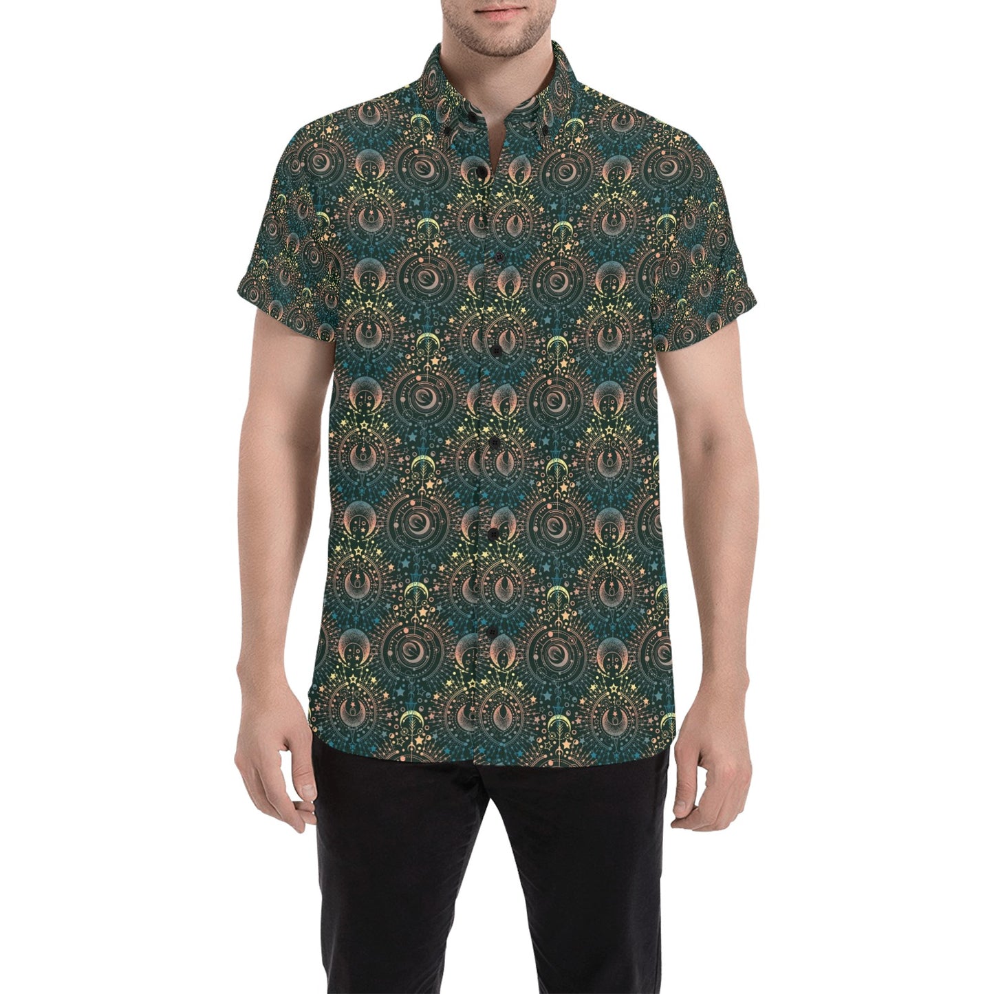 Sun Moon Print Design LKS307 Men Short Sleeve Button Up Shirt
