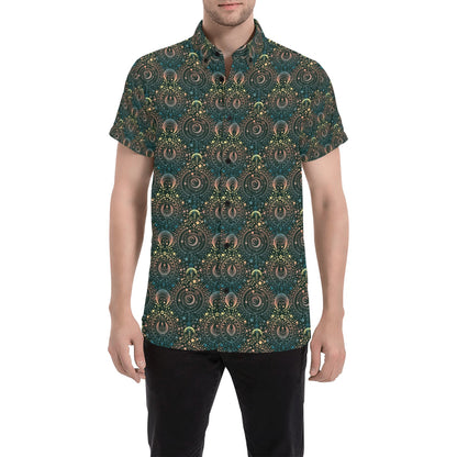 Sun Moon Print Design LKS307 Men Short Sleeve Button Up Shirt