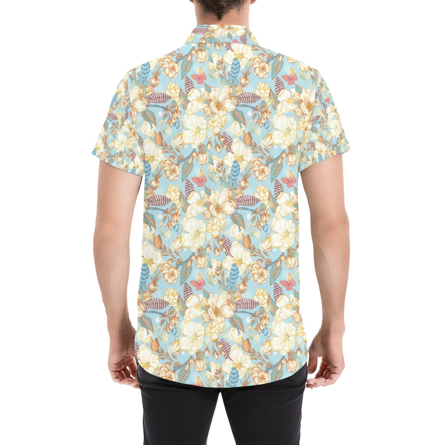 Summer Floral Print Design LKS302 Men Short Sleeve Button Up Shirt