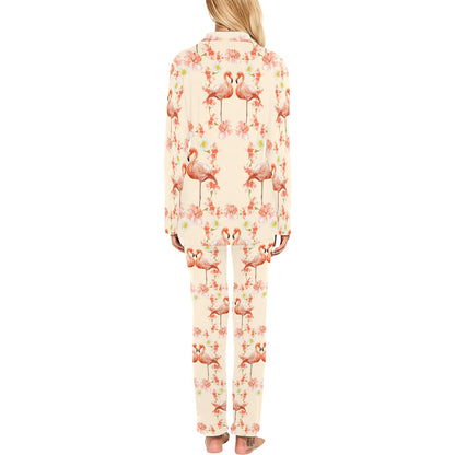 Flamingo Hibiscus Print Pattern Women's Long Pajama Set