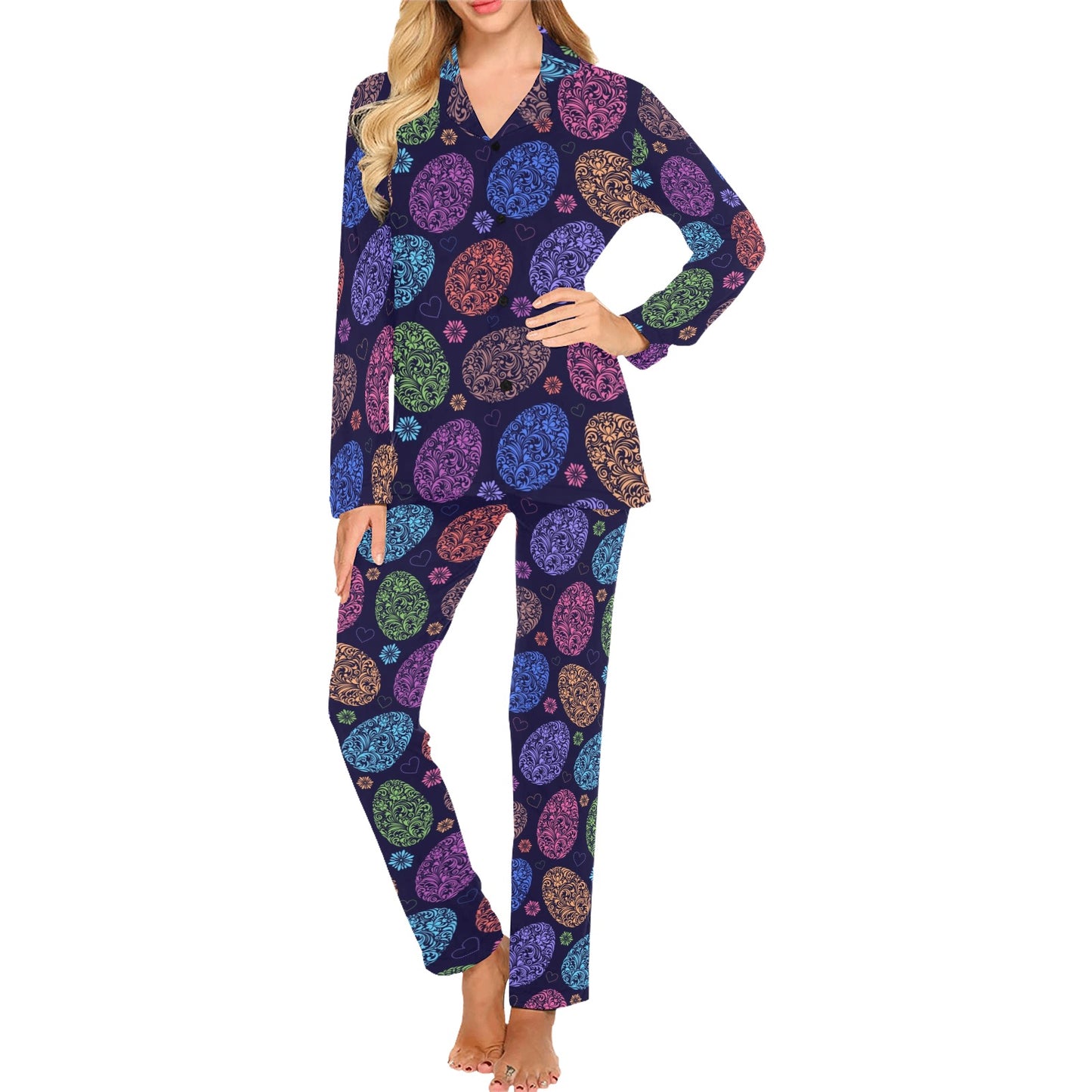 Easter Eggs Pattern Print Design RB012 Women's Long Pajama Set