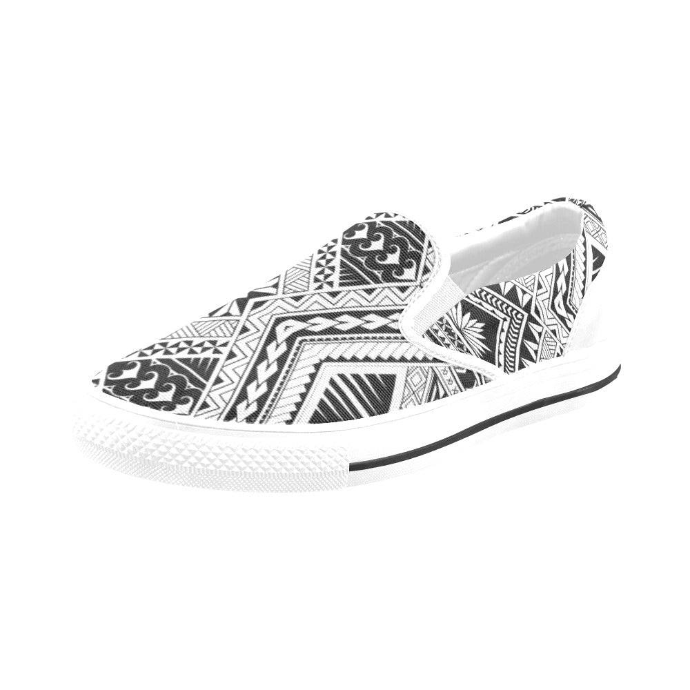 Samoan Tattoo Style Print Design LKS307 White Slip Ons Canvas Women's Shoes