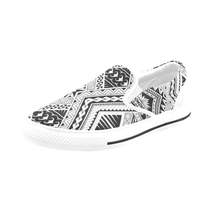 Samoan Tattoo Style Print Design LKS307 White Slip Ons Canvas Women's Shoes