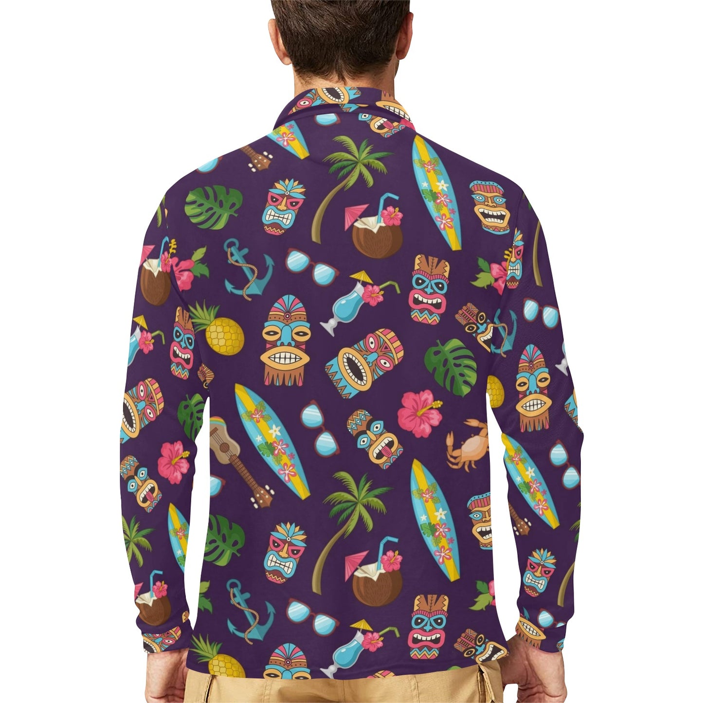 Hawaiian Themed Pattern Print Design H024 Long Sleeve Polo Shirt For Men's